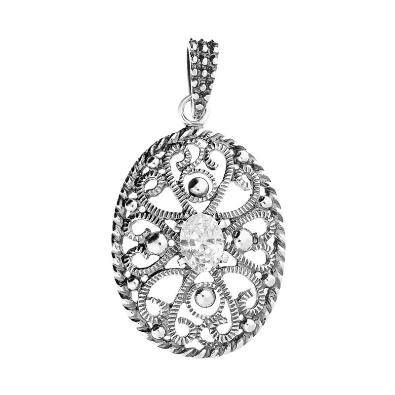 Zawieszka srebrna owal ornament z cyrkonią SZ172 próba 925