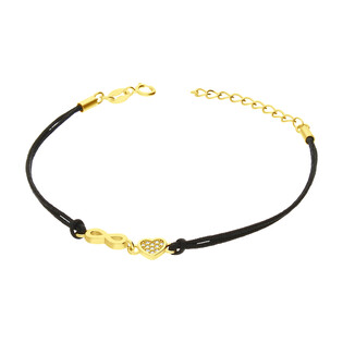 Bransoleta pozłacana infinity i serce z cyrkoniami na czarnym sznurku PW161 GOLD czarny próba 925