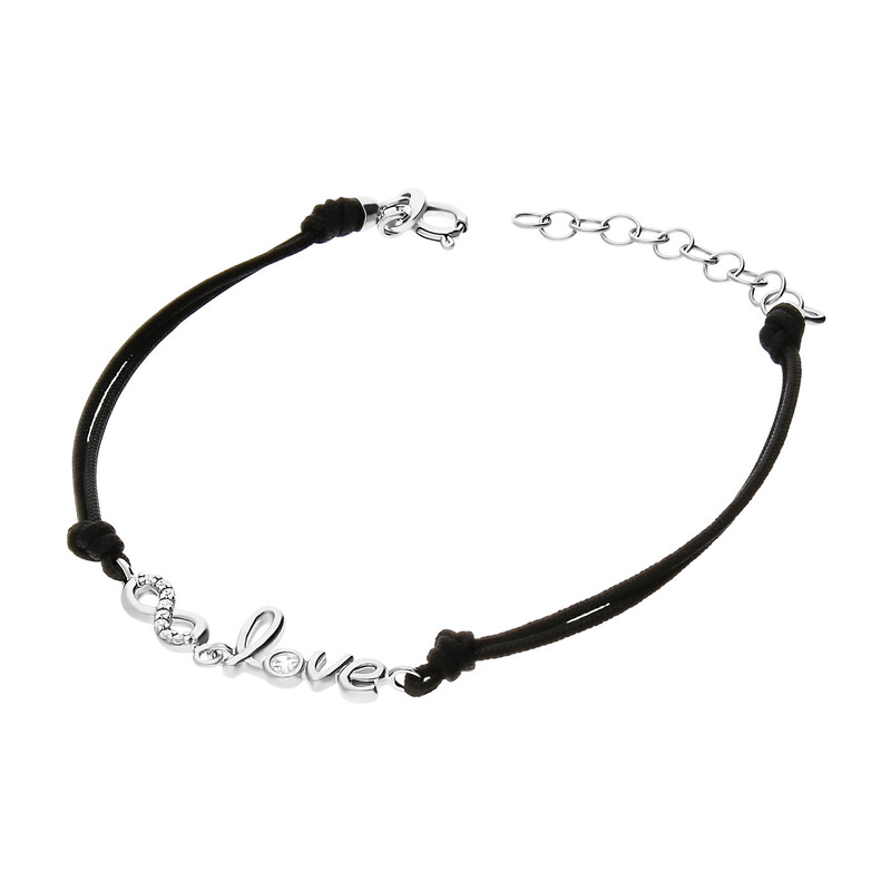 Bransoleta srebrna napis Love i infinity na czarnym sznurku PW367 czarny próba 925