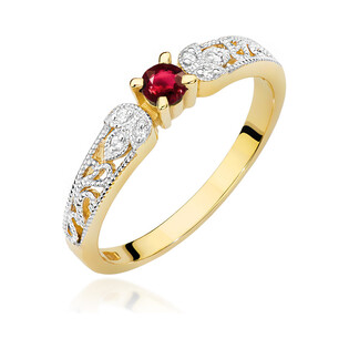 Pierścionek złoty z rubinem i diamentami BE W-411 RB obr.ornament próba 585