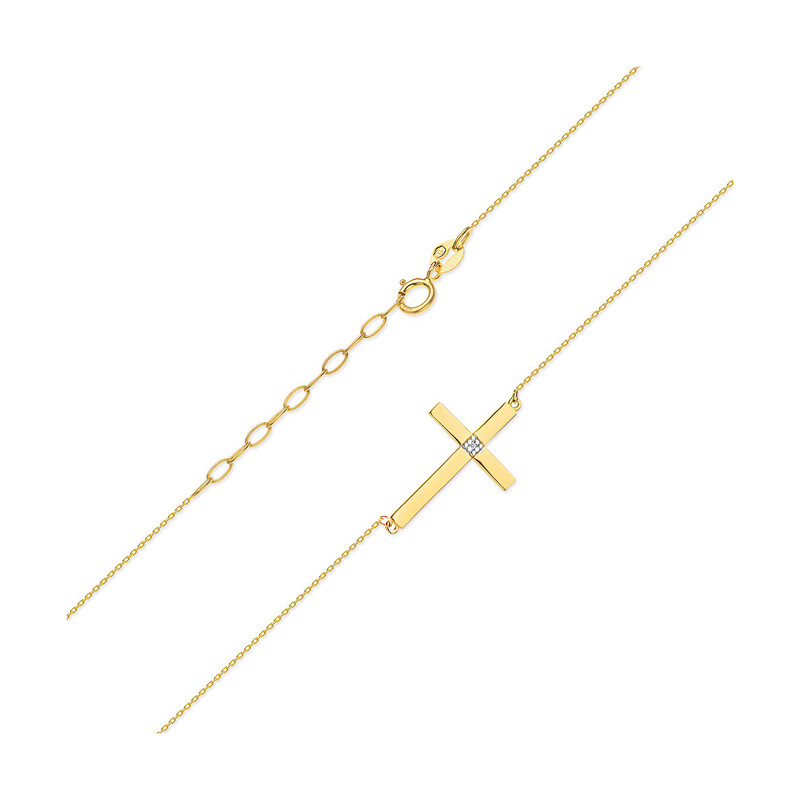 Zlatý náhrdelník křížek bokem s bílými diamanty/rolo BE C-010 ryzost 585