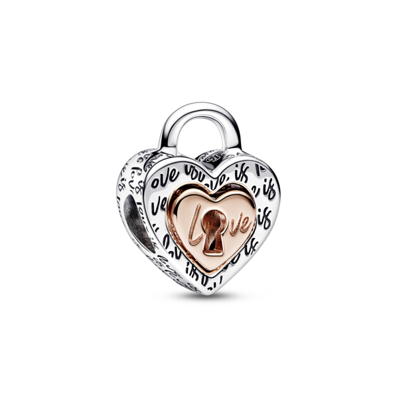 Dwutonowy charms Pandora z podzielonym sercem i kłódką PE 782505C00