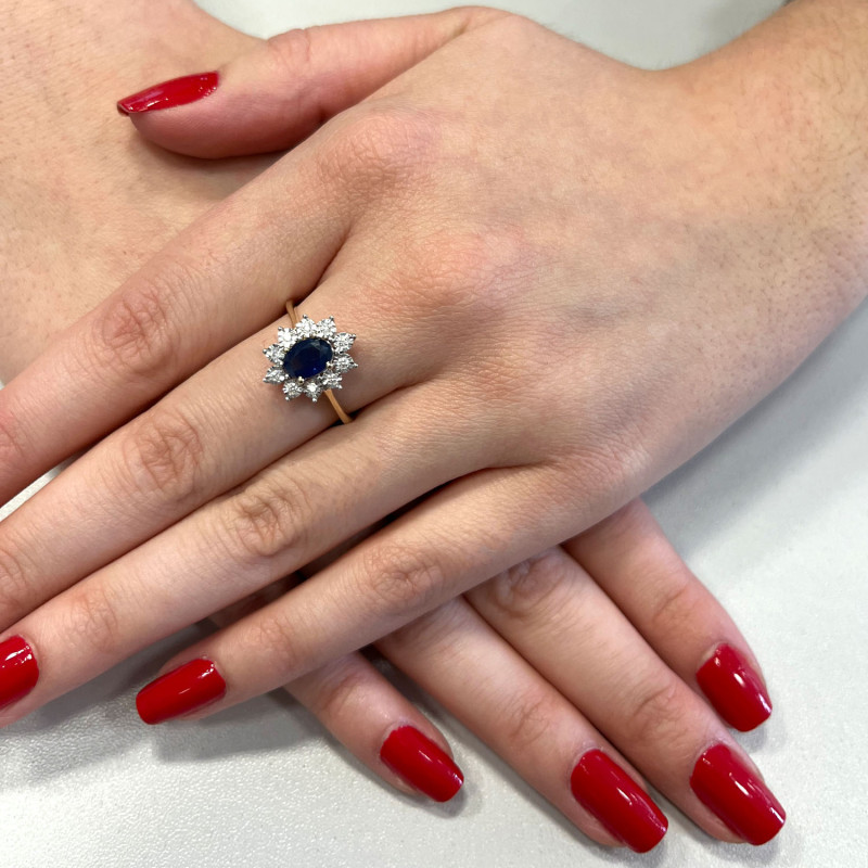 Zásnubní prsten safír obklopený bílými diamanty NF GS-1145 SAP KATE Magic ryzost 585