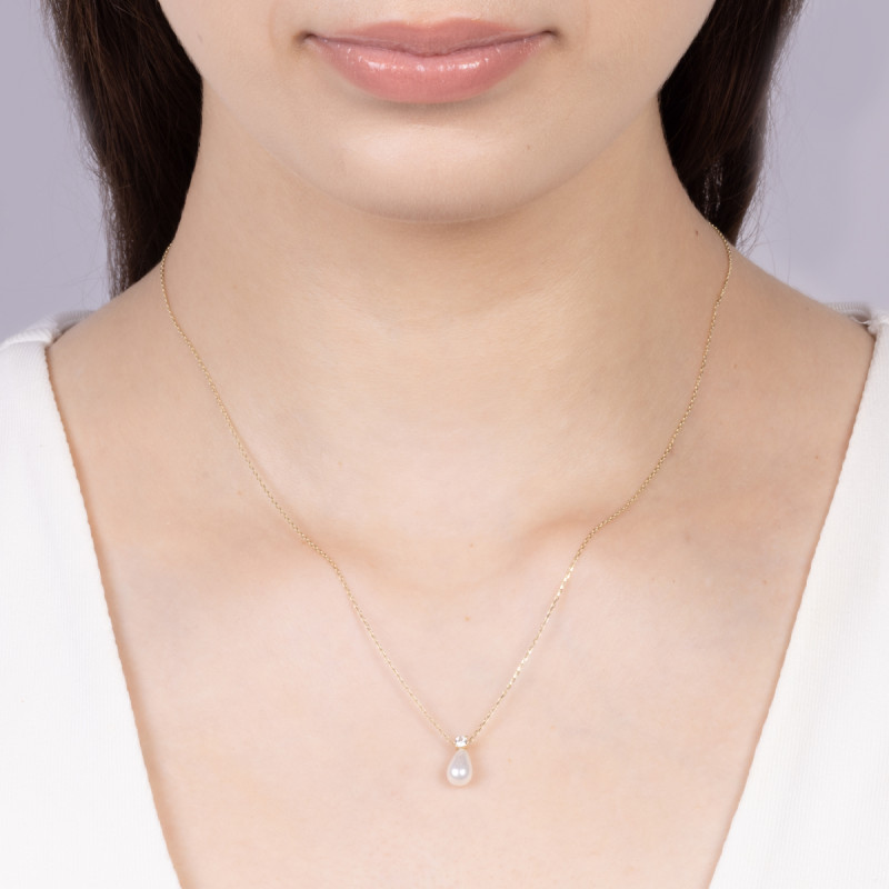 Zlatý náhrdelník bílá perla ve tvaru kapky a zirkon/ MZ T23-PN-2612-CZ-Pearl-5,70mm ryzost 375