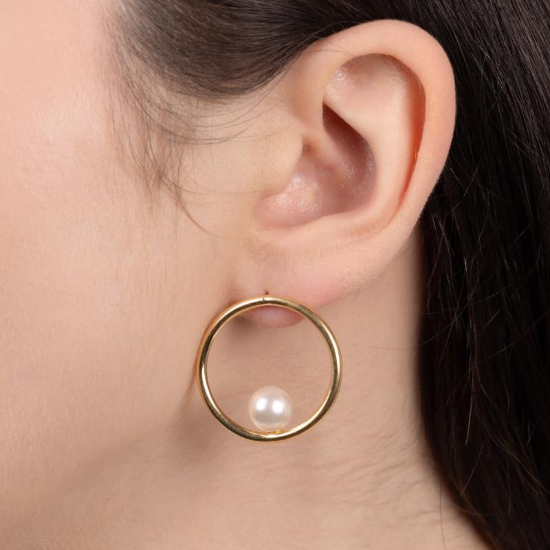 Pozlacené náušnice bílá perla na kruhu 23 mm/puzeta M3-029 GOLD ryzost 925