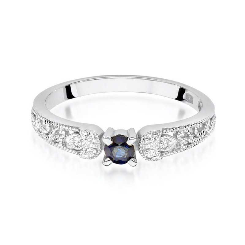 Zlatý prsten se safírem a diamanty v krajkovém prstenu BE W-411W SA obr.ornament zkouška 585
