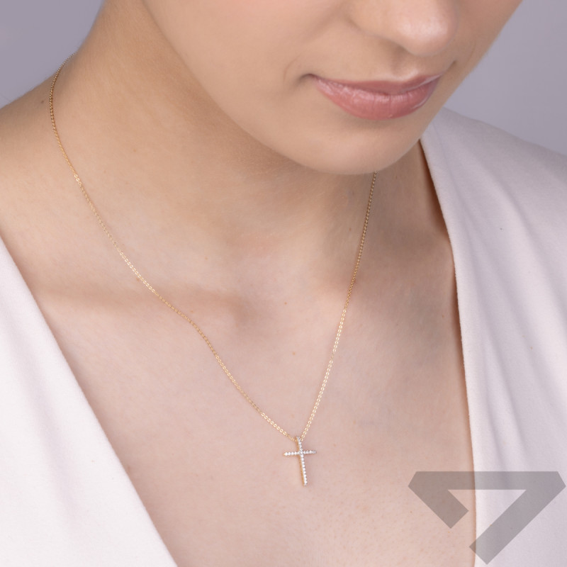 Zlatý náhrdelník křížek s bílými diamanty/rolo KB 104-10026 ryzost 585
