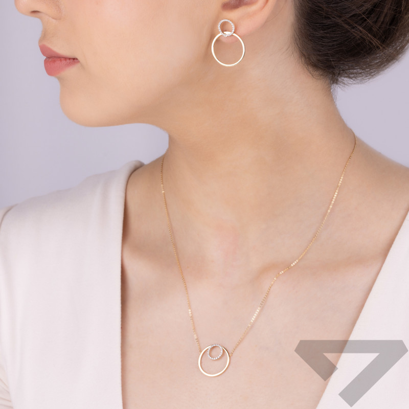 Zlatý náhrdelník kruh s rámečkem a kruh s bílými diamanty/rolo KB 102-10165+N054 ryzost 585
