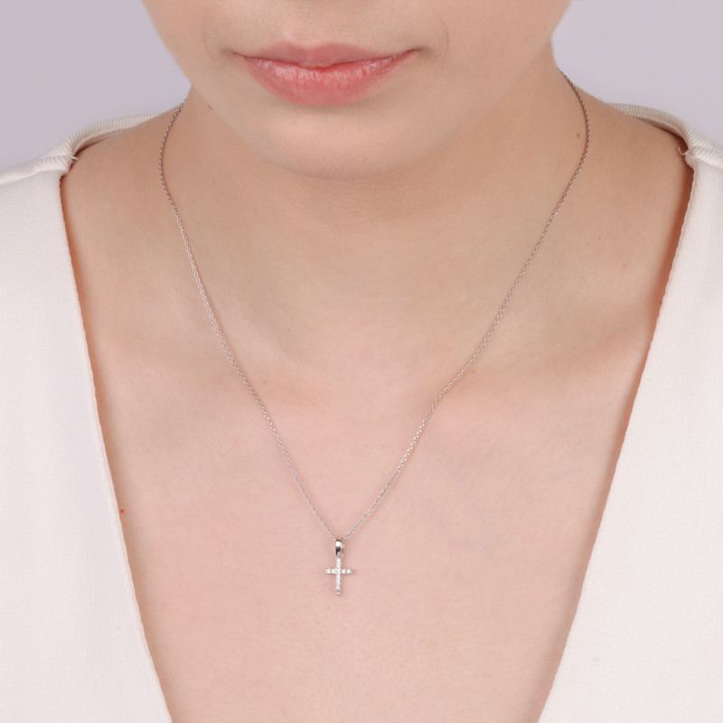 Křížek z bílého zlata s řadou bílých zirkonů CB-026 10mm bílé zlato ryzost 585