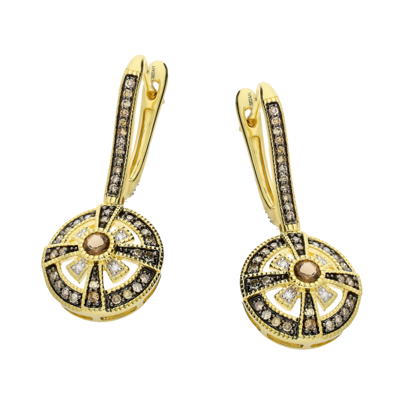 Náušnice zlaté křemen kouřový a šampaňský diamant/ang.zap. TK 21180-6641-7854 CHSQ kulaté zkouška 585