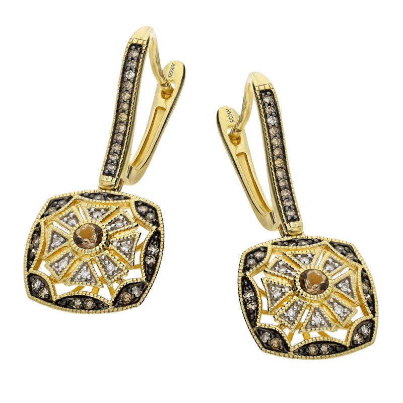 Náušnice zlaté kouřový křemen se šampaňskými diamanty/ang.zap. TK 21206-6648-7869 CHSQ square zkušební značka 585