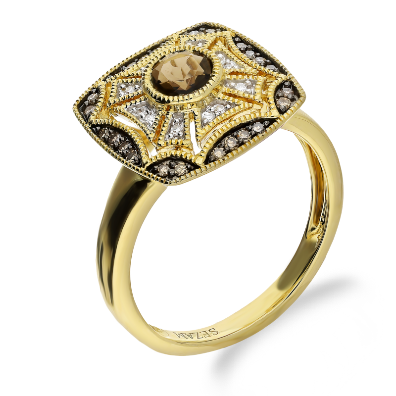 Zlatý prsten kouřový křemen se šampaňskými diamanty TK 21206-6648-7869 CHSQ square zkouška 585