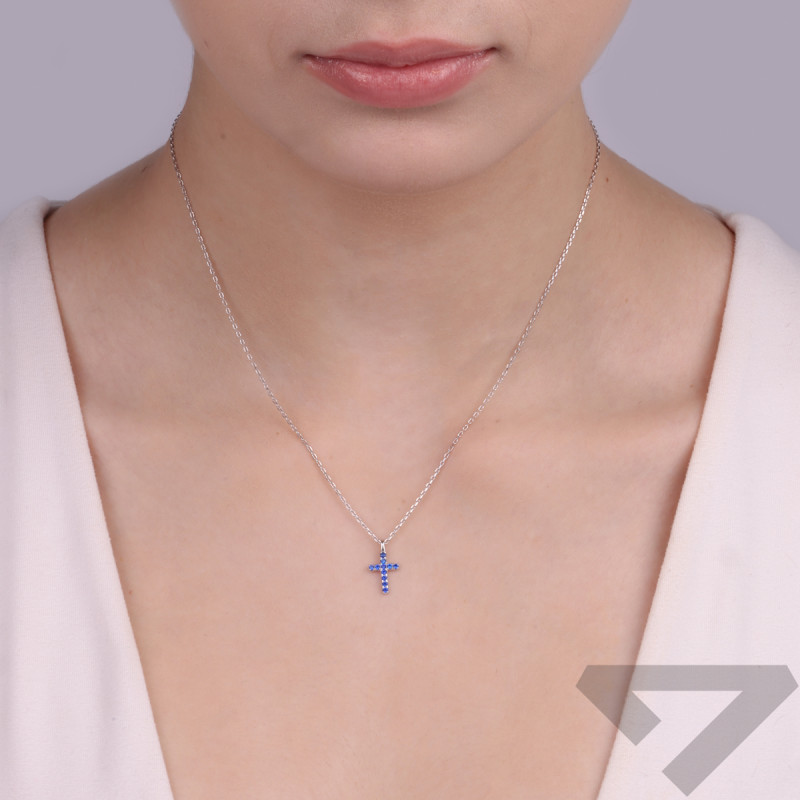 Stříbrný náhrdelník křížek se safírovými zirkony/anker NI GIZ00141 ROD SA ryzost 925
