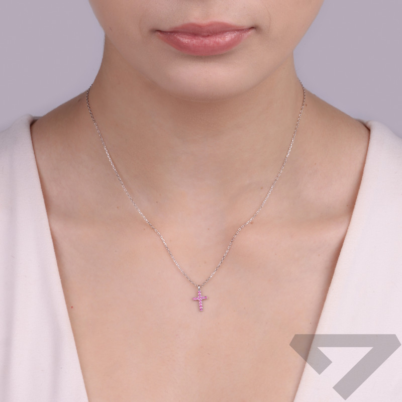 Stříbrný náhrdelník křížek s tmavě růžovými zirkony/anker NI GIZ00141 ROD PI ryzost 925