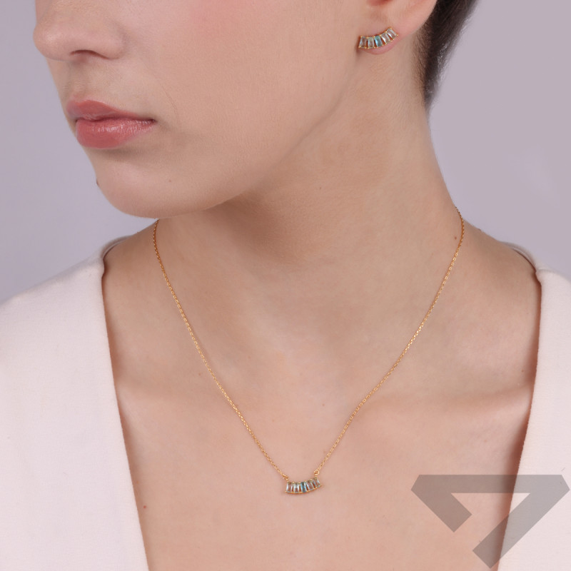 Pozlacená souprava náhrdelník a náušnice sv. modré zirkony bagety NI ORZ00187-GIZ00152 GOLD AZ ryzost 925