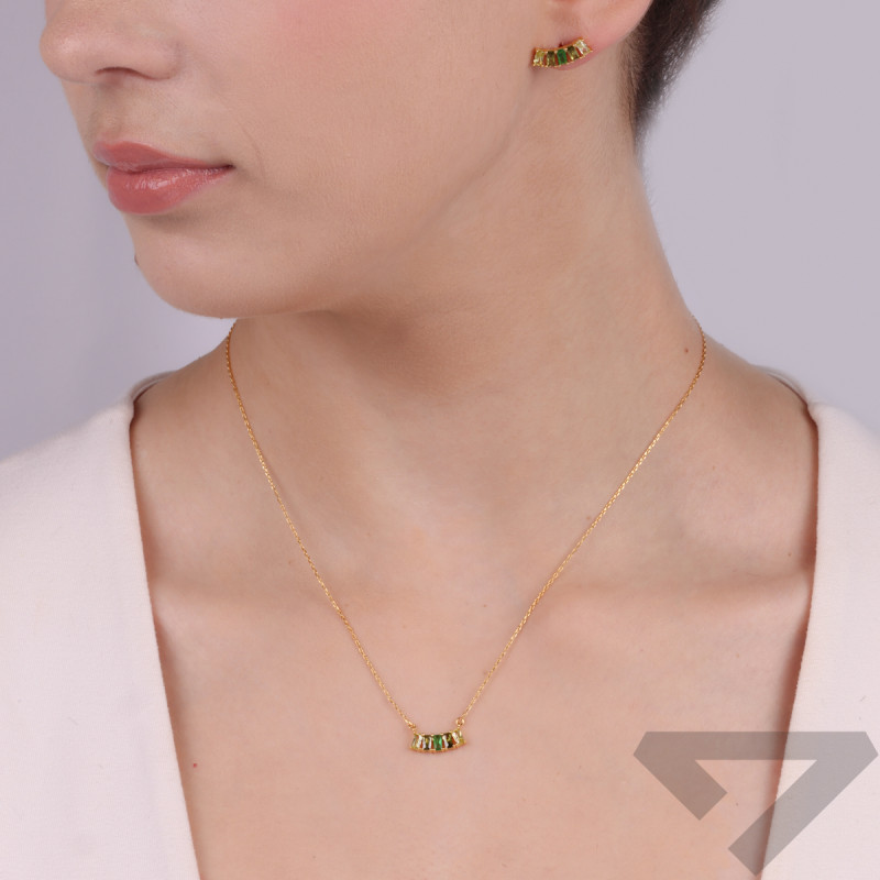 Pozlacená souprava náušnice a náhrdelník zelené zirkony bagety NI ORZ00187-GIZ00152 GOLD GR ryzost 925