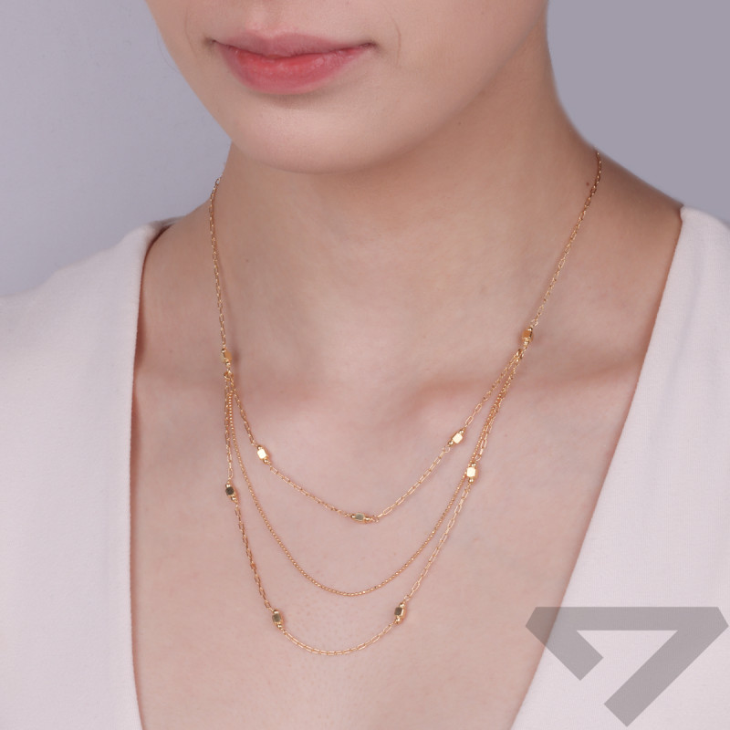 Pozlacený trojitý náhrdelník s kuličkami a čtverci/anker long+beadM3-284 GOLD ryzost 925