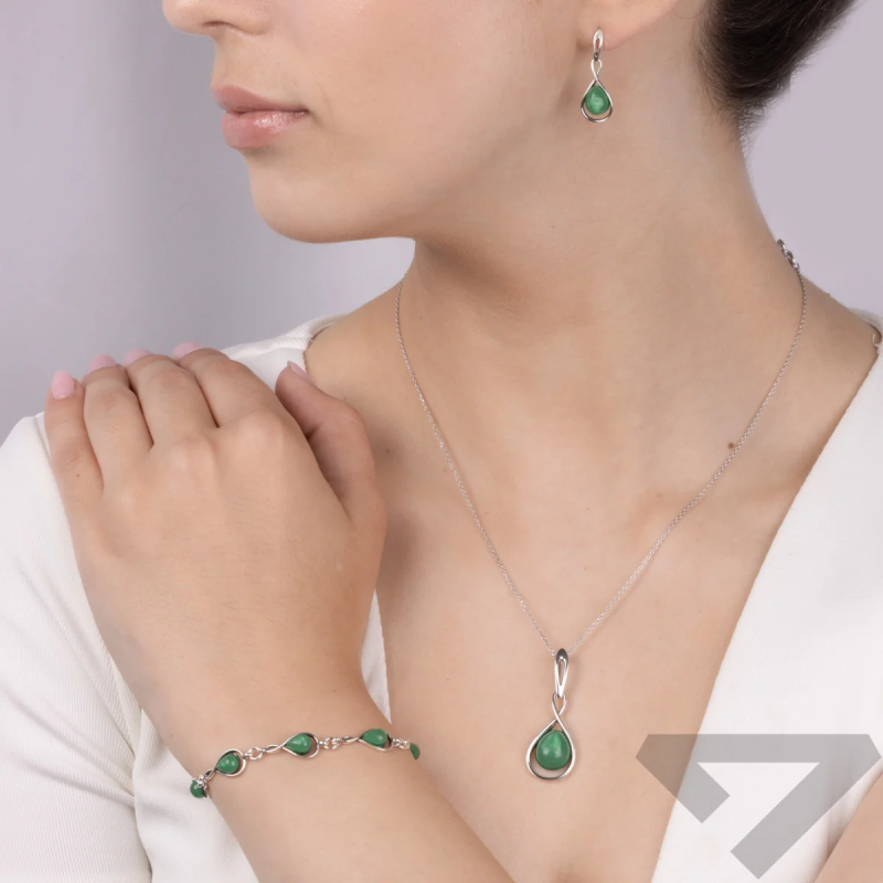 Náramek stříbrný kapky s zeleným ulexitem šperkařským AG x8 SZ320 zelený ryzost 925