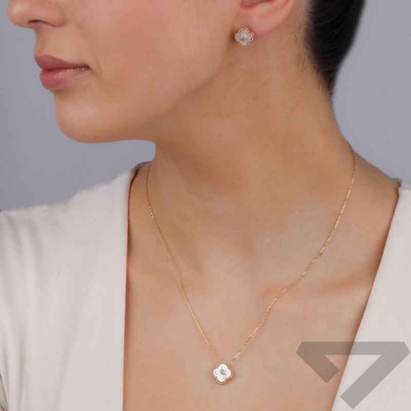 Zlaté náušnice čtyřlístek s bílou perletí a zirkony/pecky S3 SP-1319 VCE-10MM-WHITE ryzost 585
