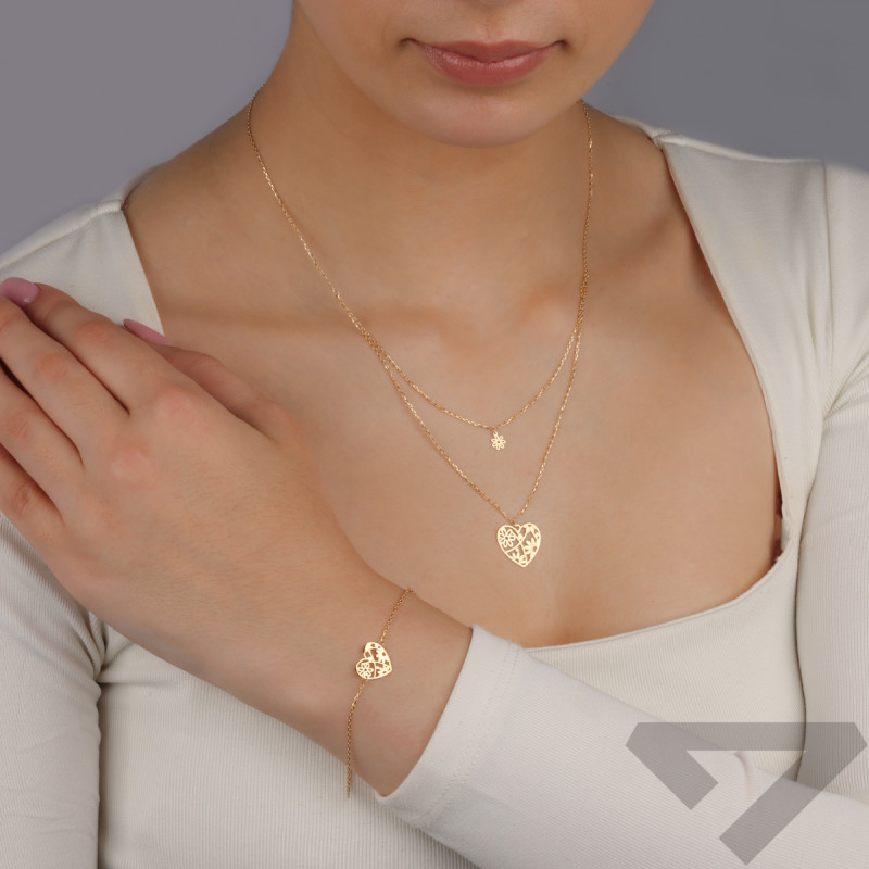 Zlatý náramek srdce ornament na řetízku ankr, ryzost 585