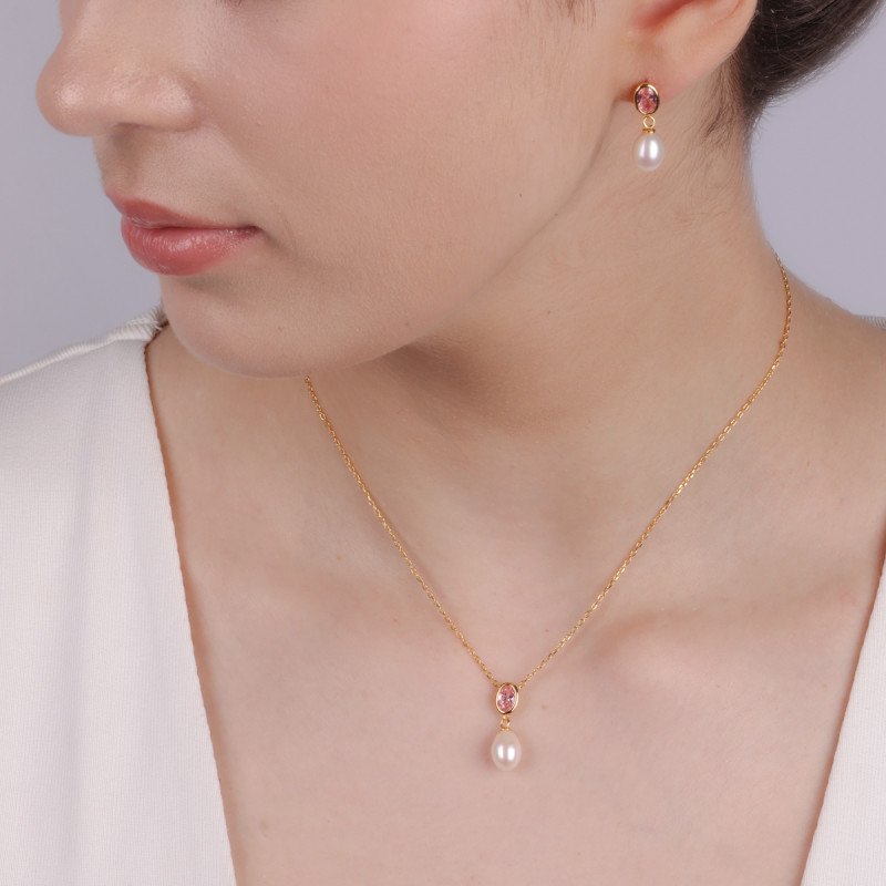 Pozlacený náhrdelník bílá perla a růžový zirkon/anker NI ORZ00116-GIZ00105 GOLD ryzost 925