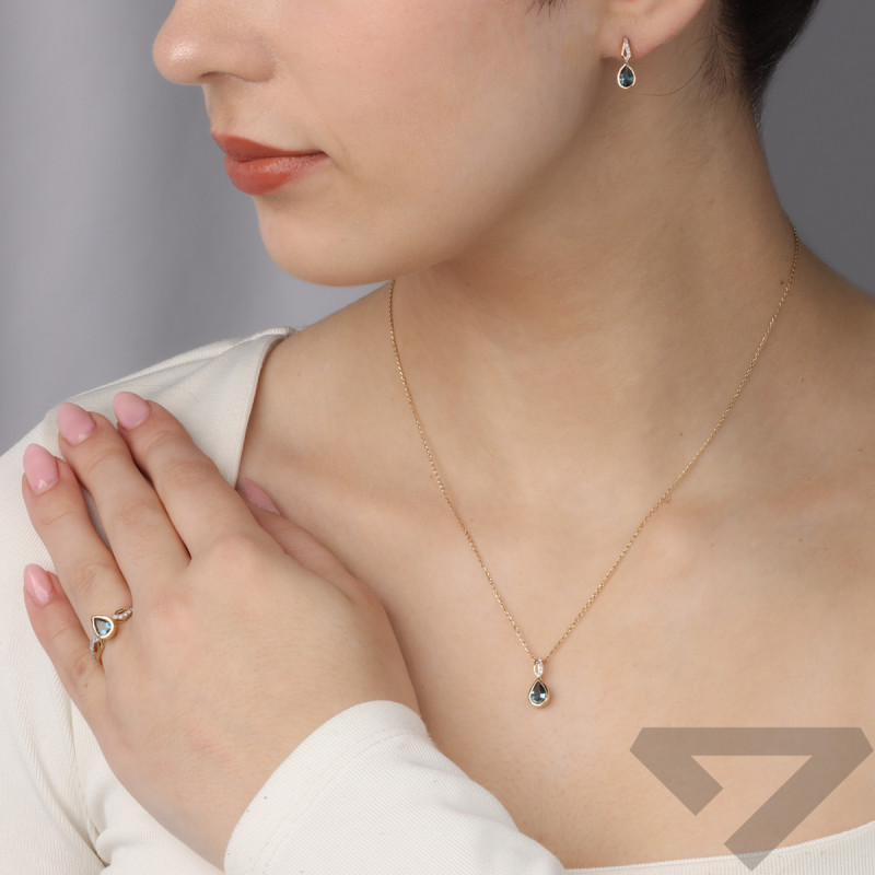 Zlaté náušnice s topazem a bílými diamanty/pecky LC P2447-2439 LBTY kapka ryzost 585