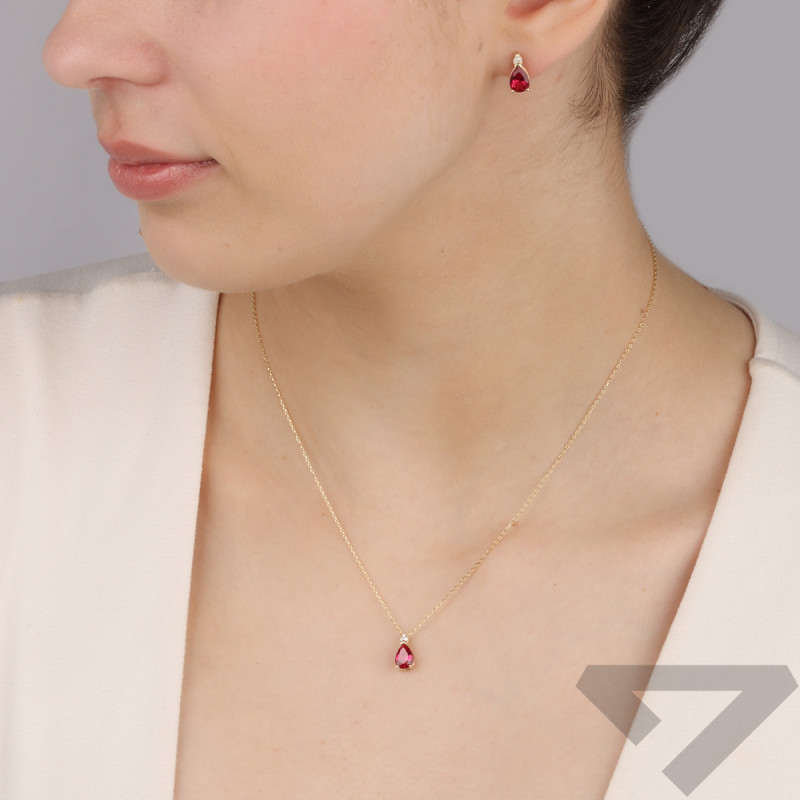 Zlaté náušnice kapka s červeným zirkonem/puzeta MZ T23-3051-7X5MM-RED-CZ ryzost 585