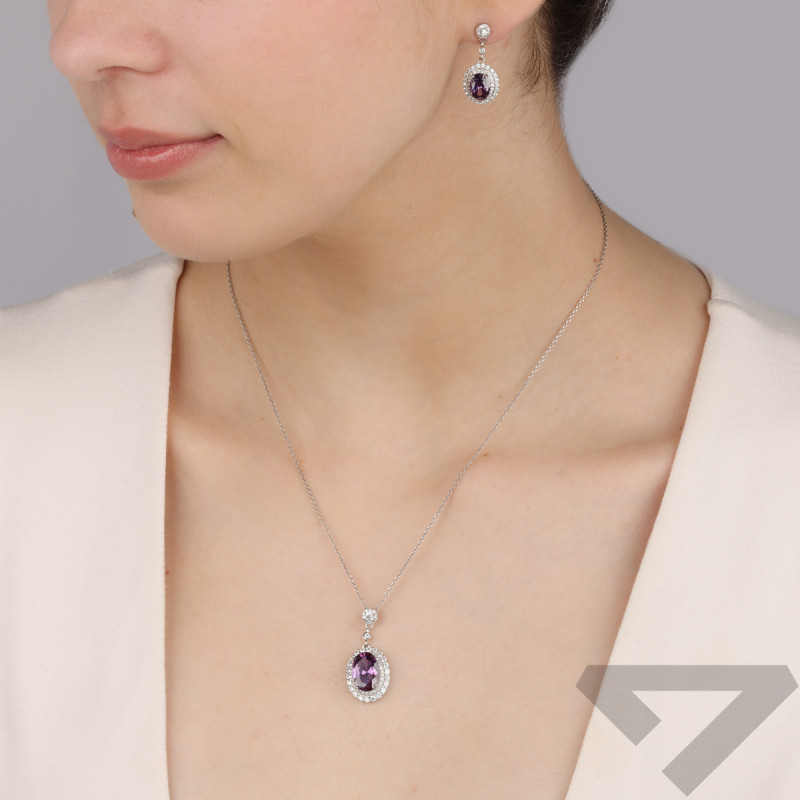 Stříbrný set náušnice a přívěsek ovál s fialovým zirkonem TB 22763 ryzost 925