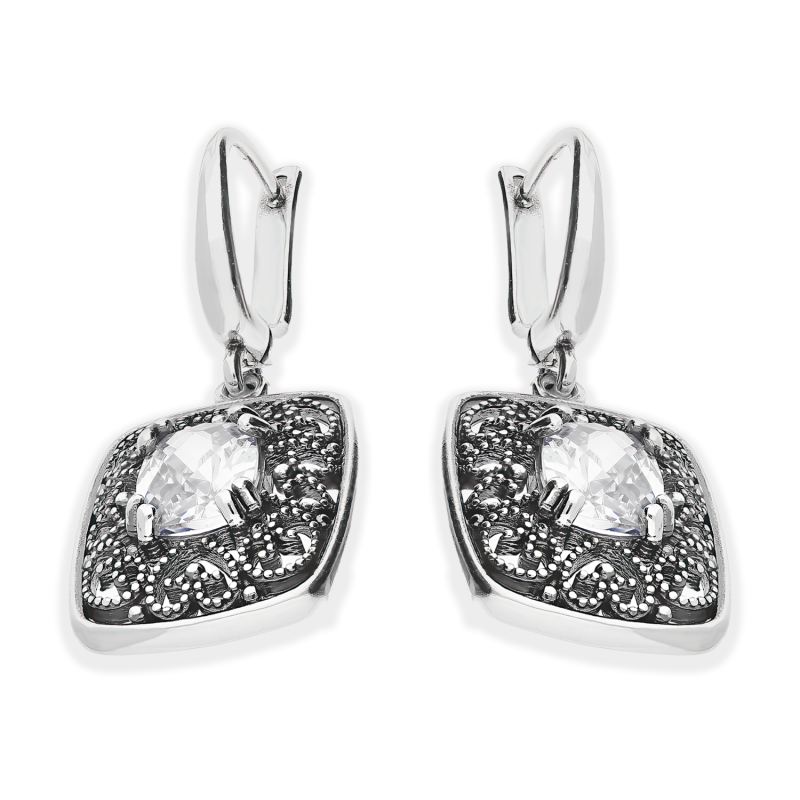 Stříbrné náušnice ryzosti 925 s ornamentem a zirkonem. Elegantní náušnice s anglickým zapínáním. Vyberte si náramek a přívěsek! 