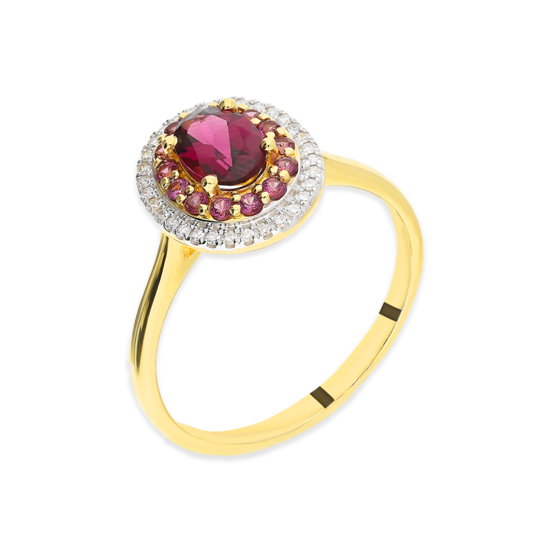 Zlatý prsten s rodolitem a diamanty ryzost 585 | iSezam.cz
