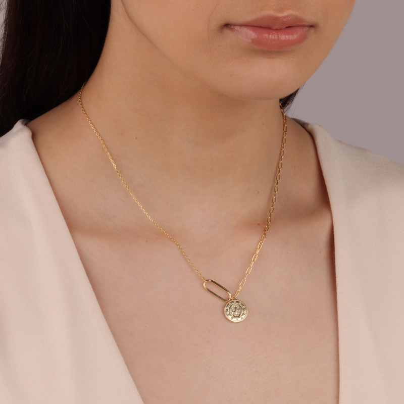Pozlacený náhrdelník kruh se zirkony a oválný rámeček/anker long PW471 GOLD ryzost 925