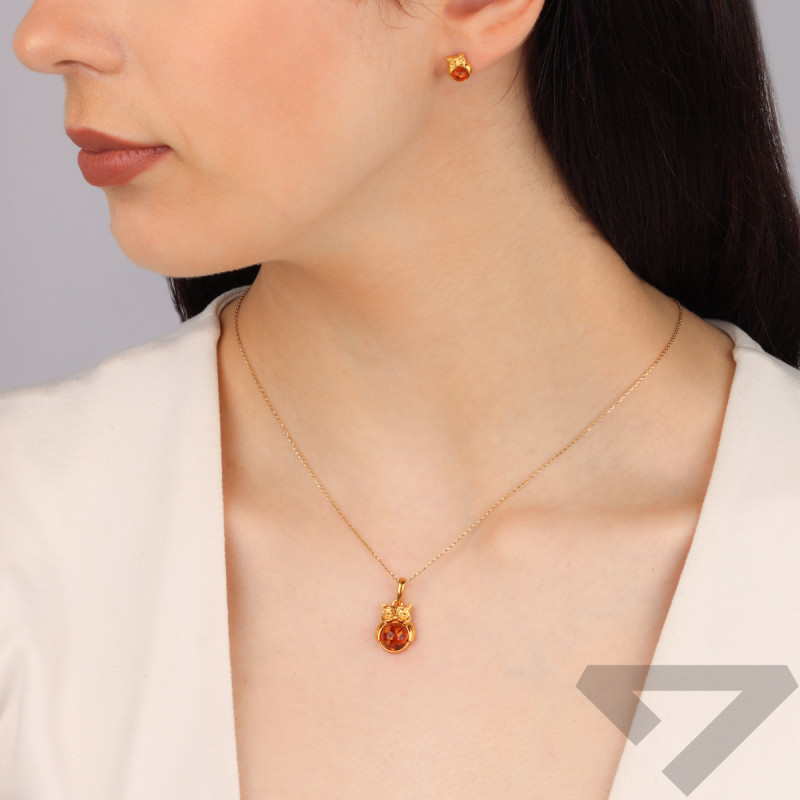 Stříbrný pozlacený set náušnice a přívěsek sova s jantarem ryzost 925