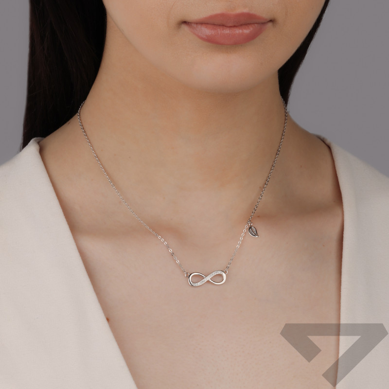 Stříbrný náhrdelník infinity se zirkony a lístkem/anker reg. AT2033 ryzost 925