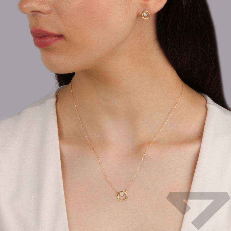 Zlaté náušnice kruh provaz s bílým zirkonem/pecky MZ T23-E-1396-3107-CZ ryzost 375