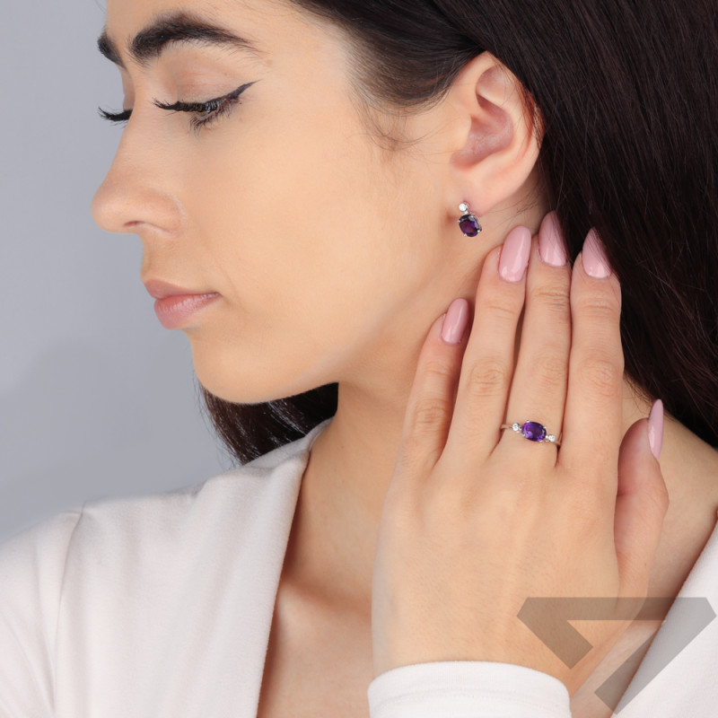 Stříbrné náušnice s ametystem a laboratorními diamanty/pecky AT CVD-3338-E-AM ryzost 925