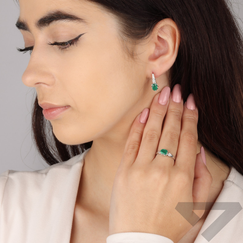 Stříbrné náušnice s oválným achátem a laboratorními diamanty/ang.zap. AT CVD-3365-E-AG ryzost 925
