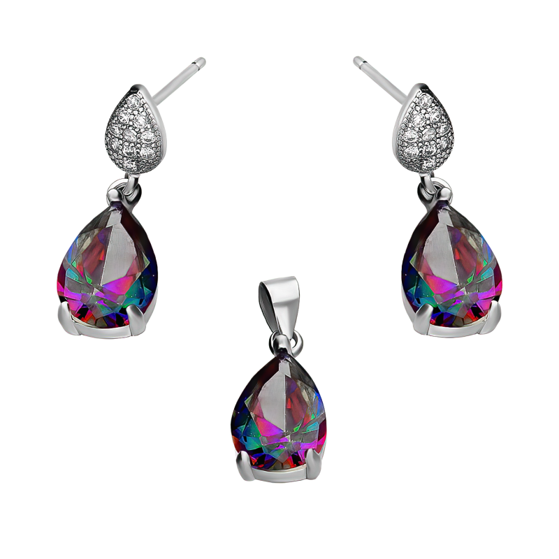 Stříbrný set kapka Topaz Mystic | Náušnice a přívěsek | iSezam.cz
