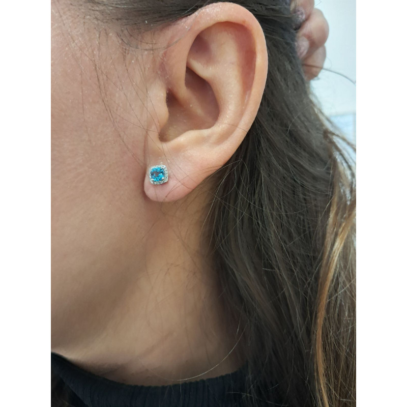 Zlaté náušnice s topazem blue a brilianty/puzety AW 58266 YW-TO čtverec ryzost 585