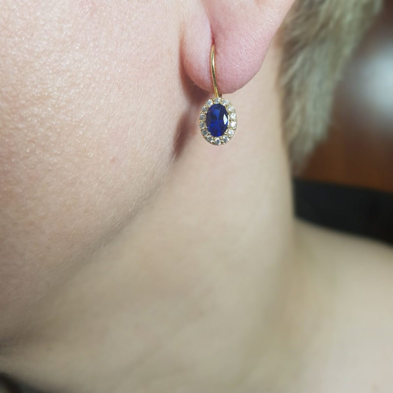 Zlaté náušnice se safírovou zirkonií a diamanty ryzost 585 | iSezam.cz