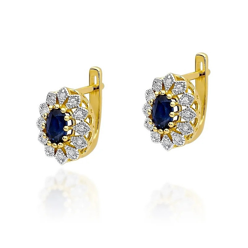 Elegantní zlaté náušnice s modrým safírem (1,4 ct) a diamanty (0,20 ct). Vyrobeno ze zlata ryzosti 585/1000. Perfektní dárek pro