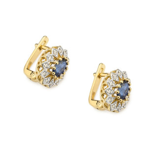 Elegantní zlaté náušnice s modrým safírem (1,4 ct) a diamanty (0,20 ct). Vyrobeno ze zlata ryzosti 585/1000. Perfektní dárek pro