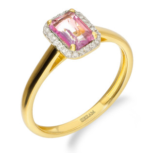 Objevte jedinečný zlatý zásnubní prsten s růžovým topazem a diamanty. Symbol lásky a citlivosti pro výjimečné okamžiky. Elegantn