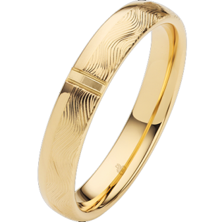 Elegantní snubní prsten ze zlata ryzosti 585. Šířka 4 mm, půlkruhový profil s matovaným zdobením. V ceně gravírování, balení i v