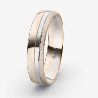 Elegantní snubní prsten ze zlata rýdzosti 585 s kombinací bílého a podzimního zlata. Matný povrch, šířka 5 mm. Zahrnuje gravírov