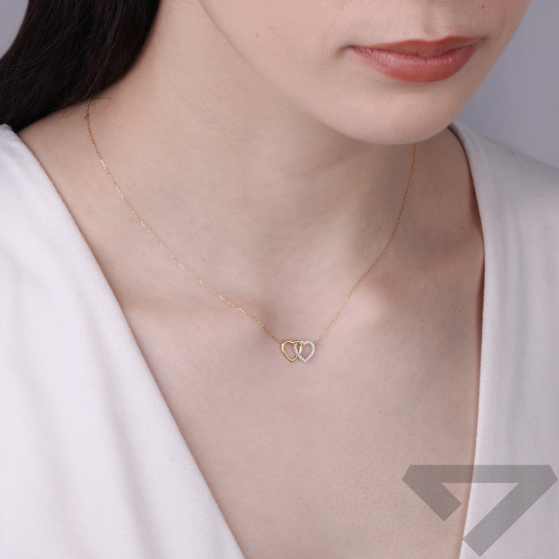 Náhrdelník s diamanty 0,05 ct, dvě spojená srdce, zlato ryzosti 585