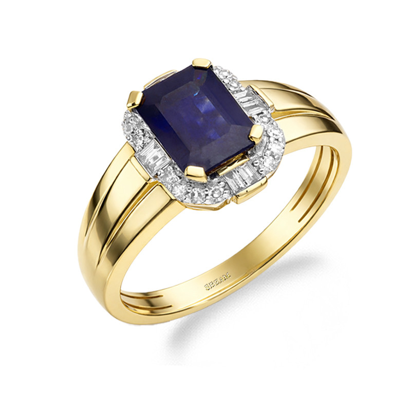 Objevte luxusní zlatý prsten 585 s 1,45 ct safírem a 0,16 ct diamanty. Unikátní design inspirovaný art deco. Ideální pro výjimeč