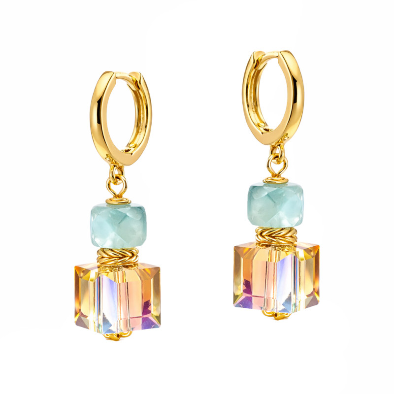 Objevte elegantní visací náušnice z pozlaceného stříbra 925 s přírodním amazónitem a krystaly Swarovski. Ideální pro moderní žen