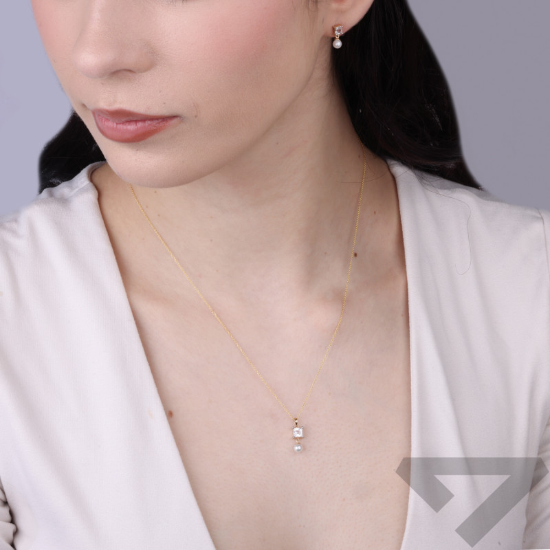 Náušnice z perel a bílých topazů 0,40 ct, zlato 585