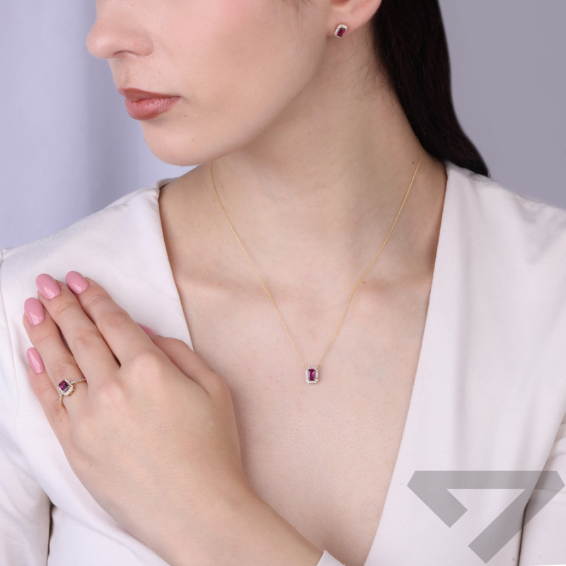 Prsten Markýza obdélníkový s rodolitem 0,79 ct a diamanty 0,17 ct, zlato 585