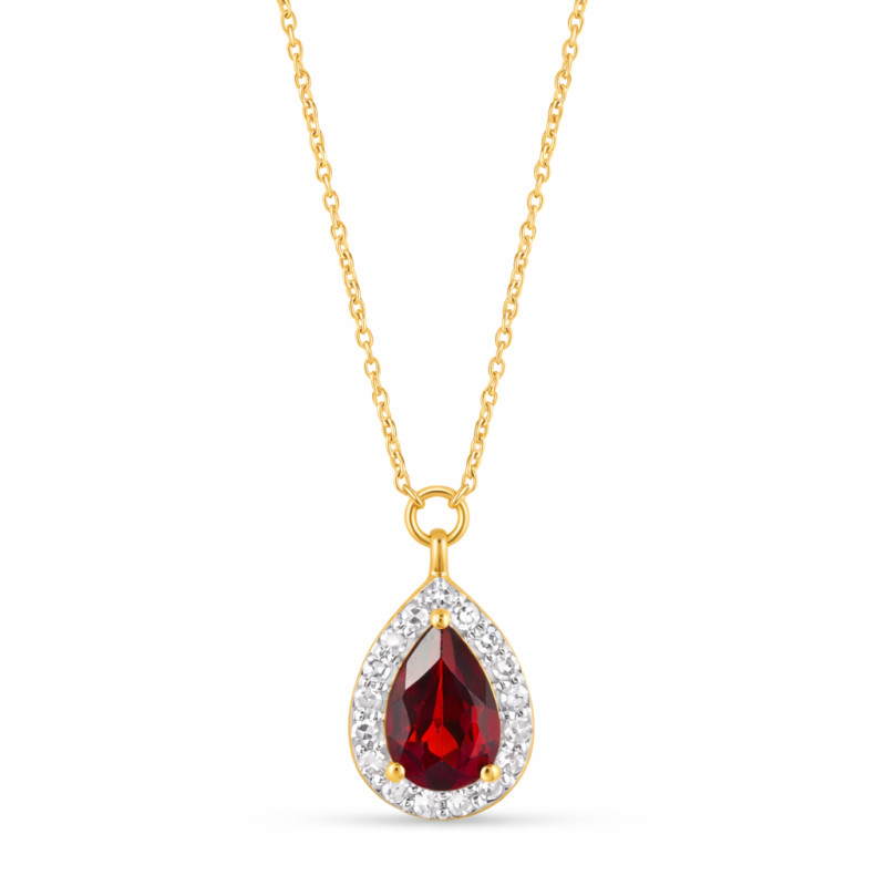 Objevte luxusní zlatý náhrdelník ve tvaru markýzy s granátem 0,44 ct a diamanty 0,09 ct. Ryzost 585. Ideální dárek. Nakupujte v 